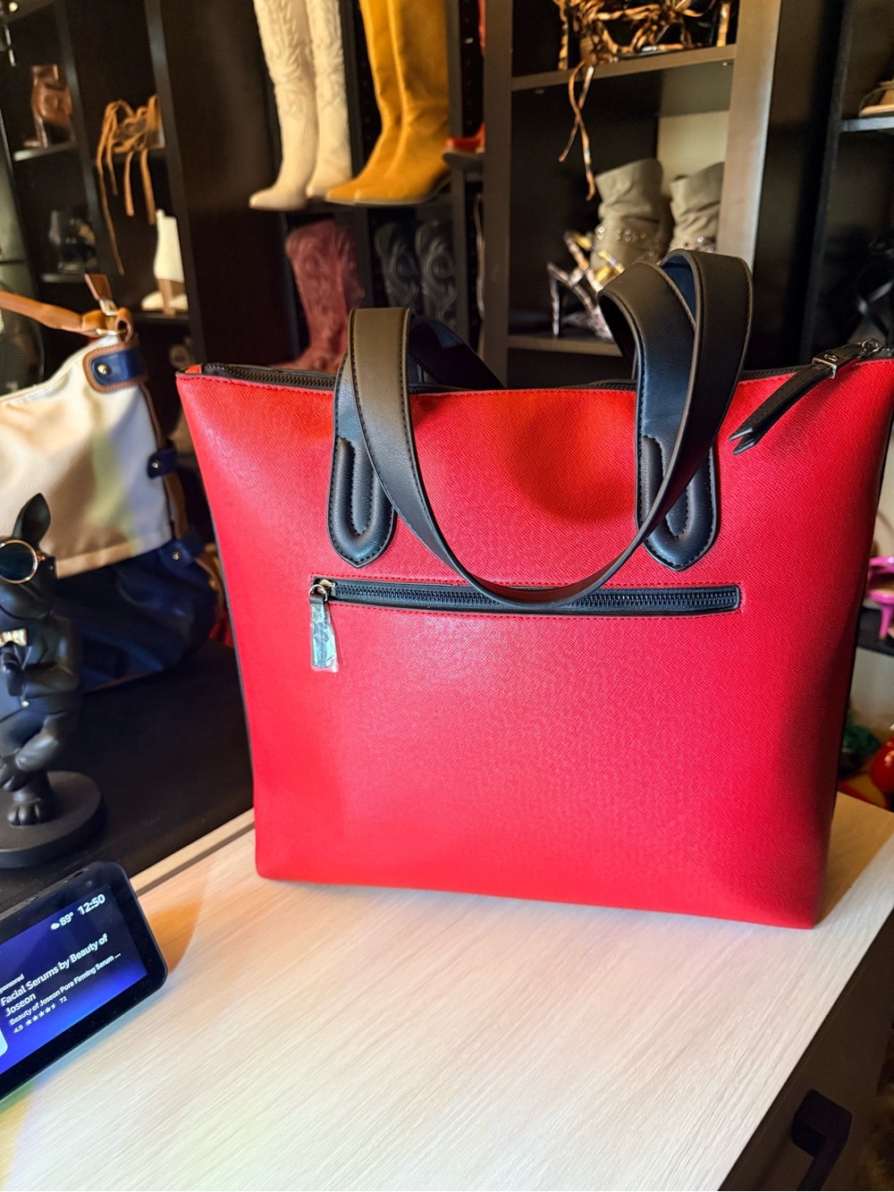 Red Leather Tote Bag with Black Handles - Picture 11 of 13